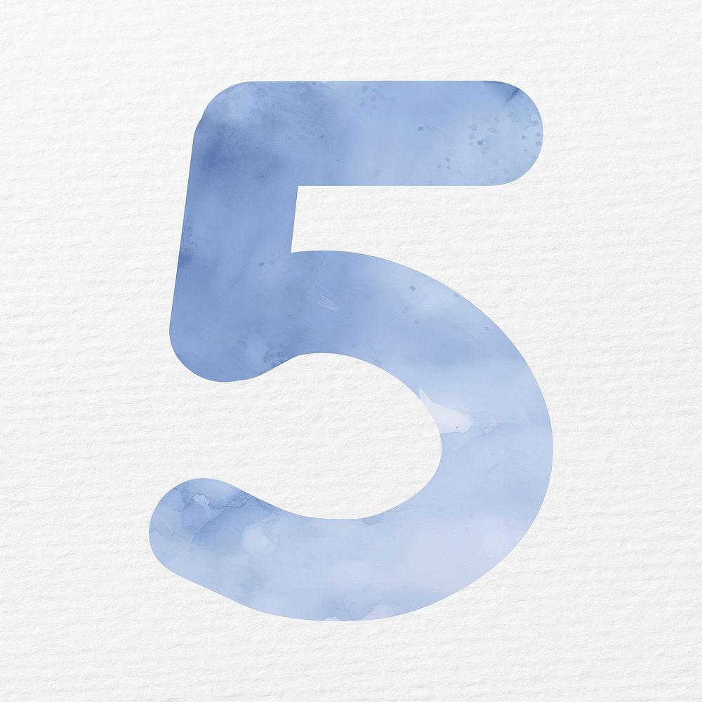 Number five in blue watercolor illustration