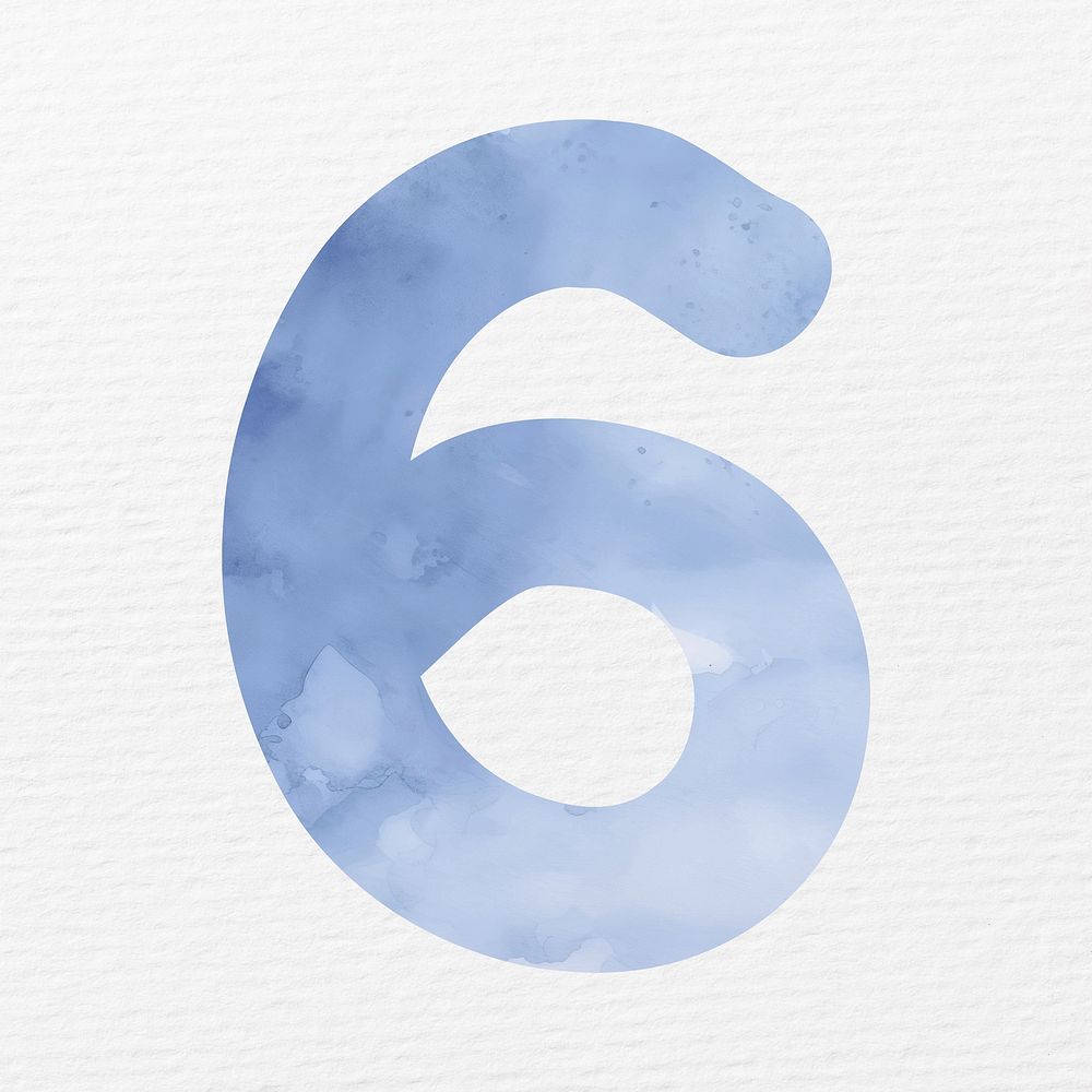 Number 6 in blue watercolor illustration