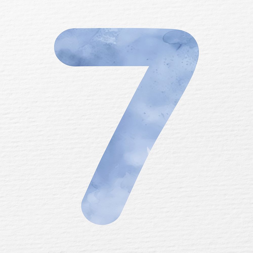 Number seven in blue watercolor illustration