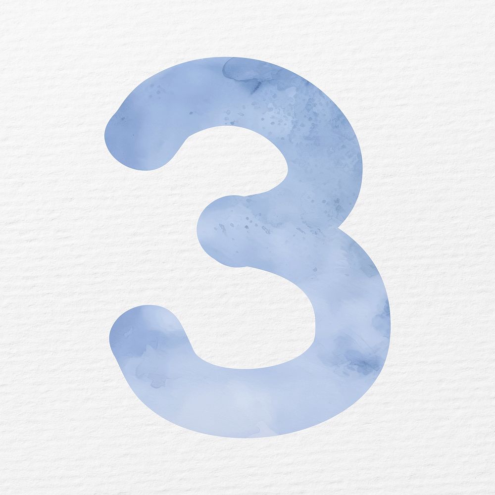 Number 3 in blue watercolor illustration