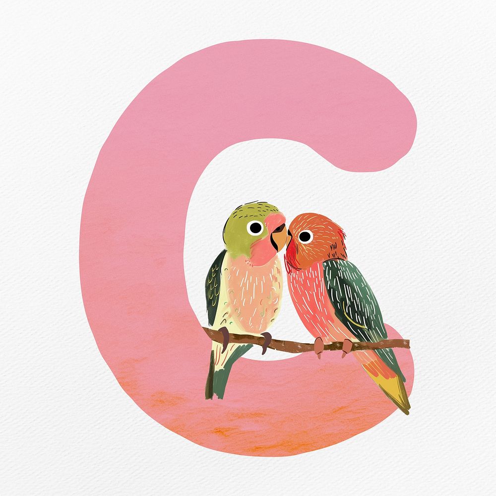 Pink letter C with animal character illustration