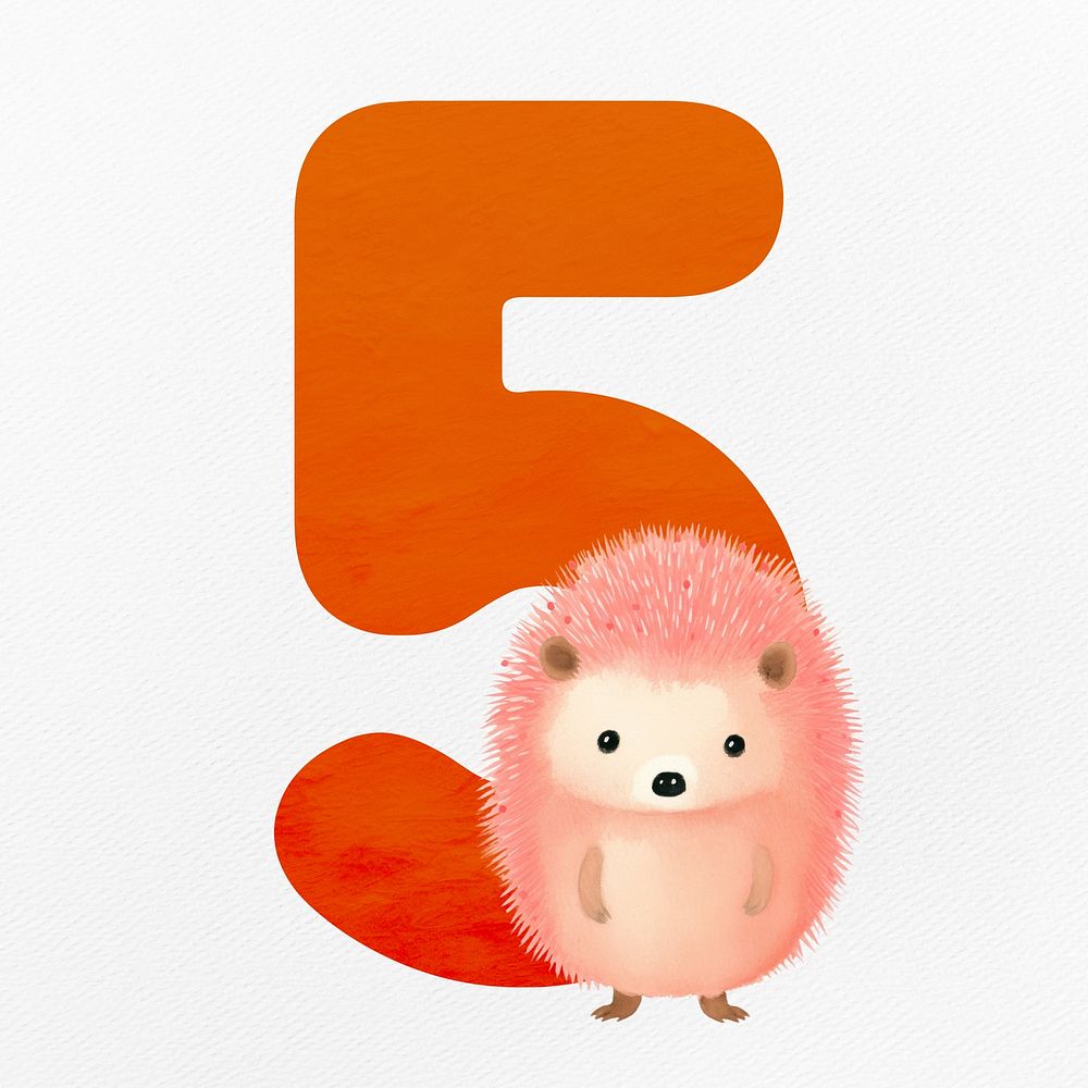 Number 5  with animal character illustration