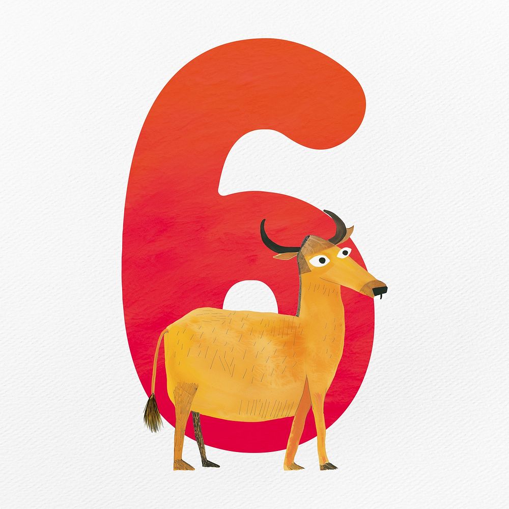 Number 6  with animal character illustration