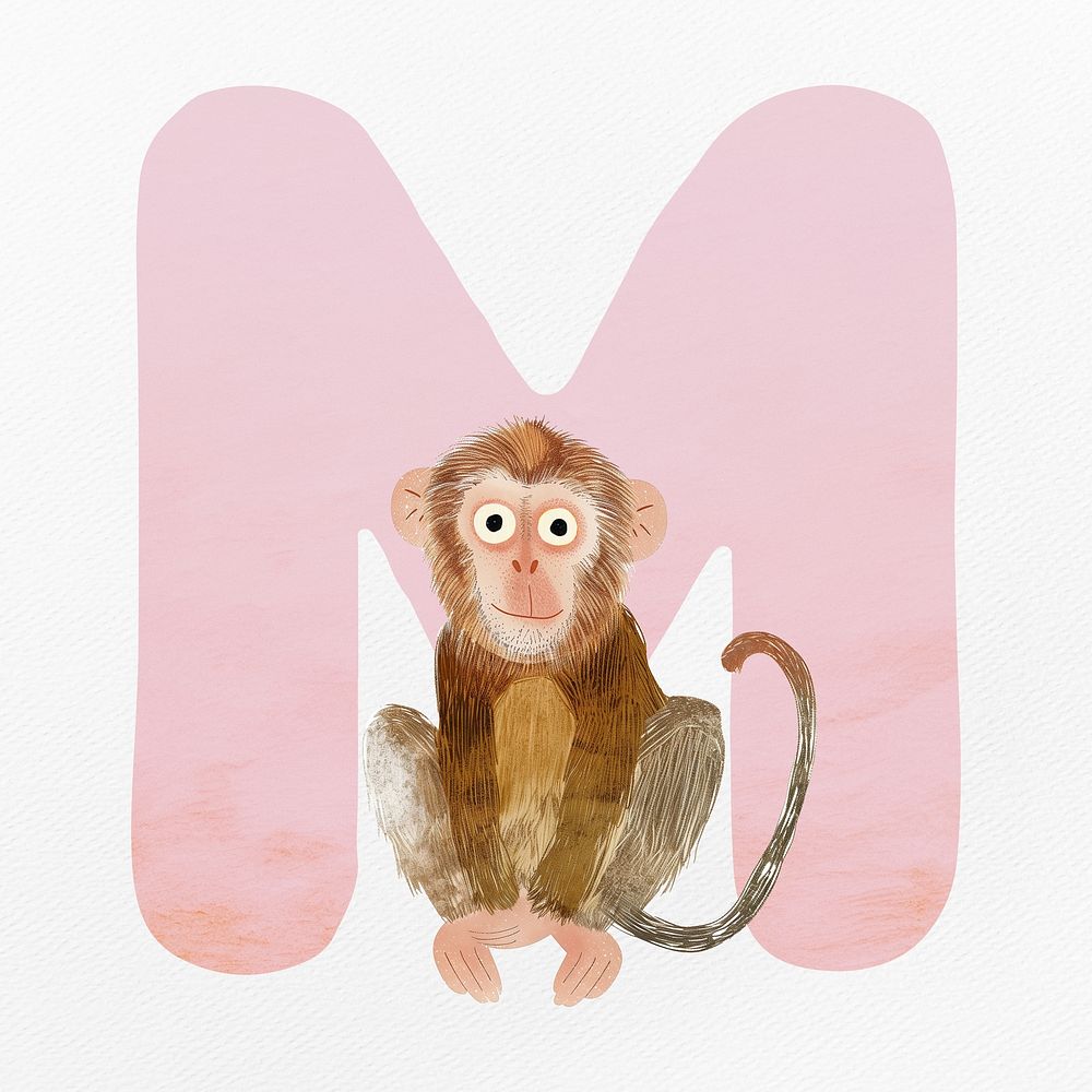 Pink letter M with animal character illustration