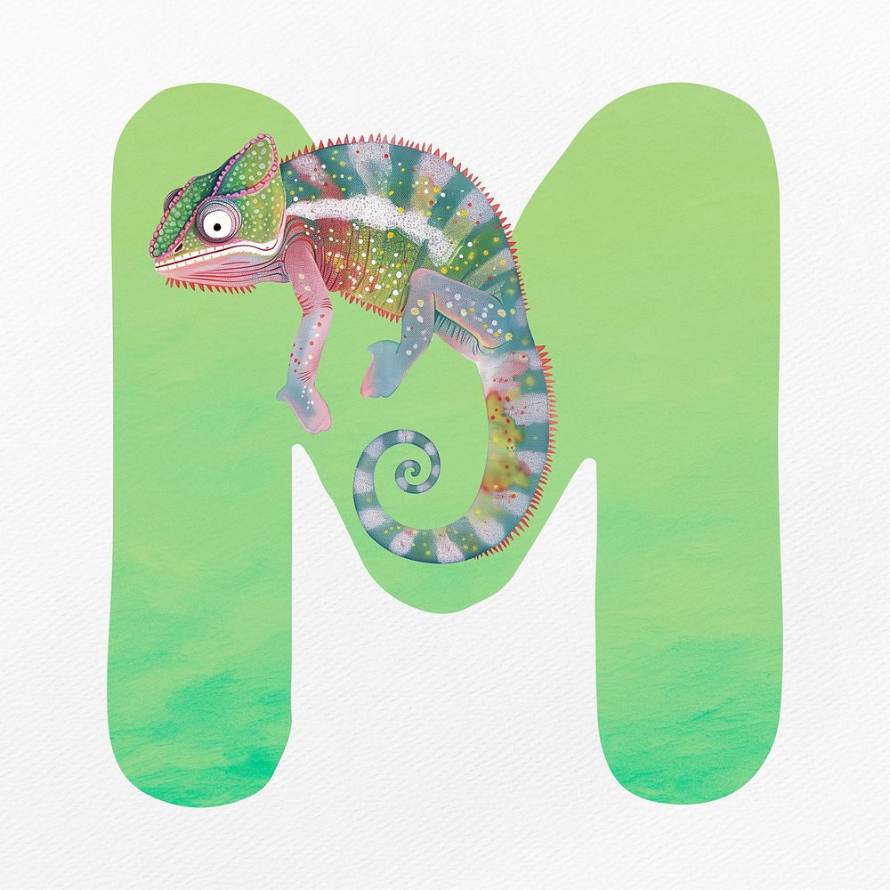 Green letter M with animal character illustration