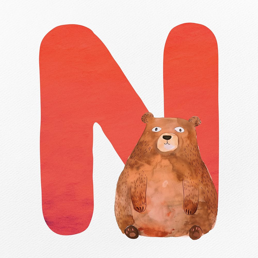 Red letter N with animal character illustration