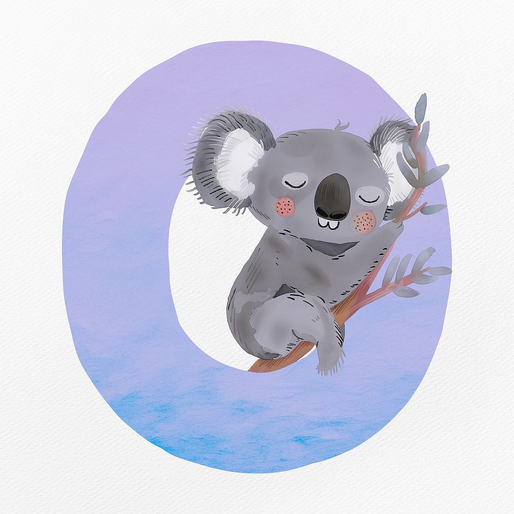 Purple letter O with animal character illustration