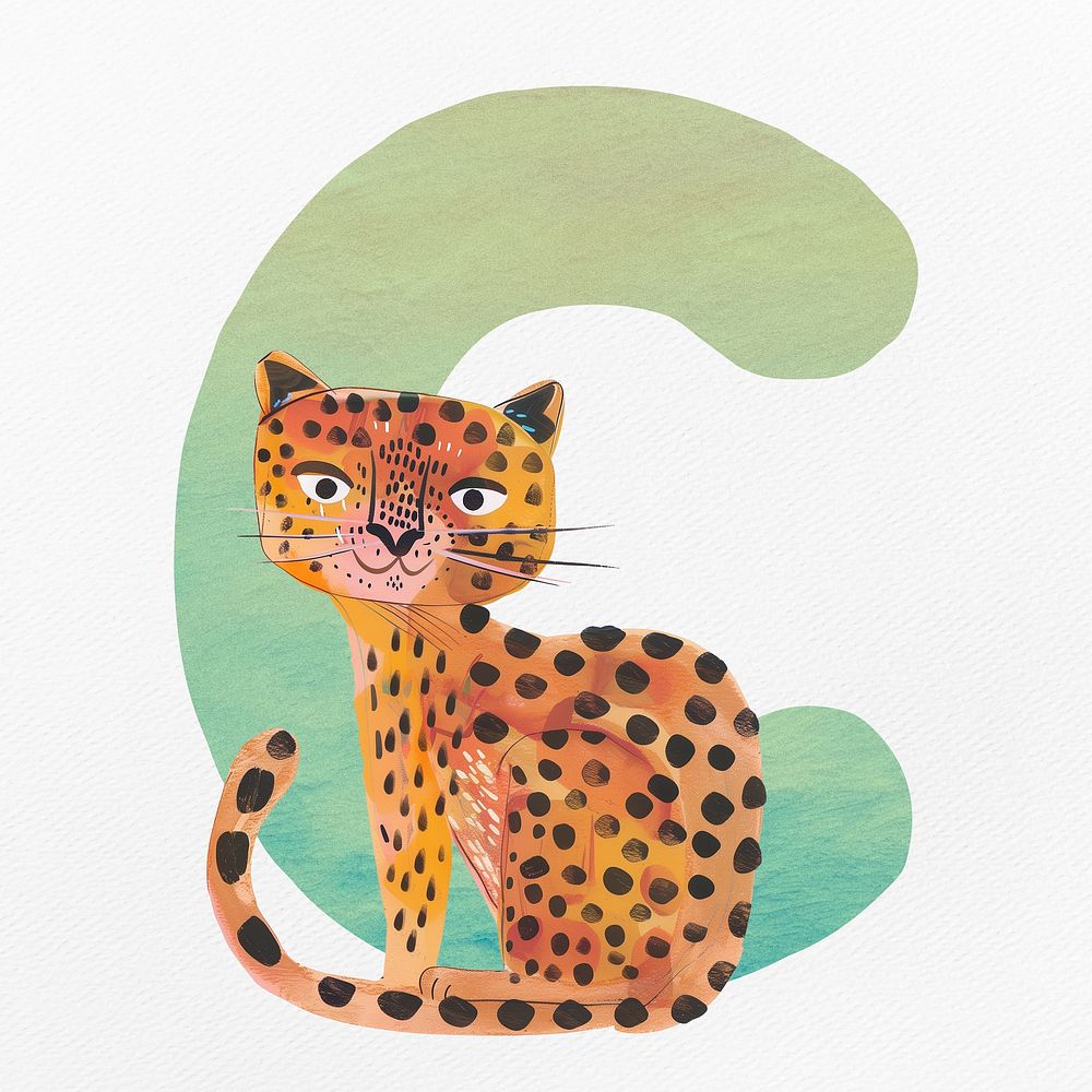 Green letter C with animal character illustration