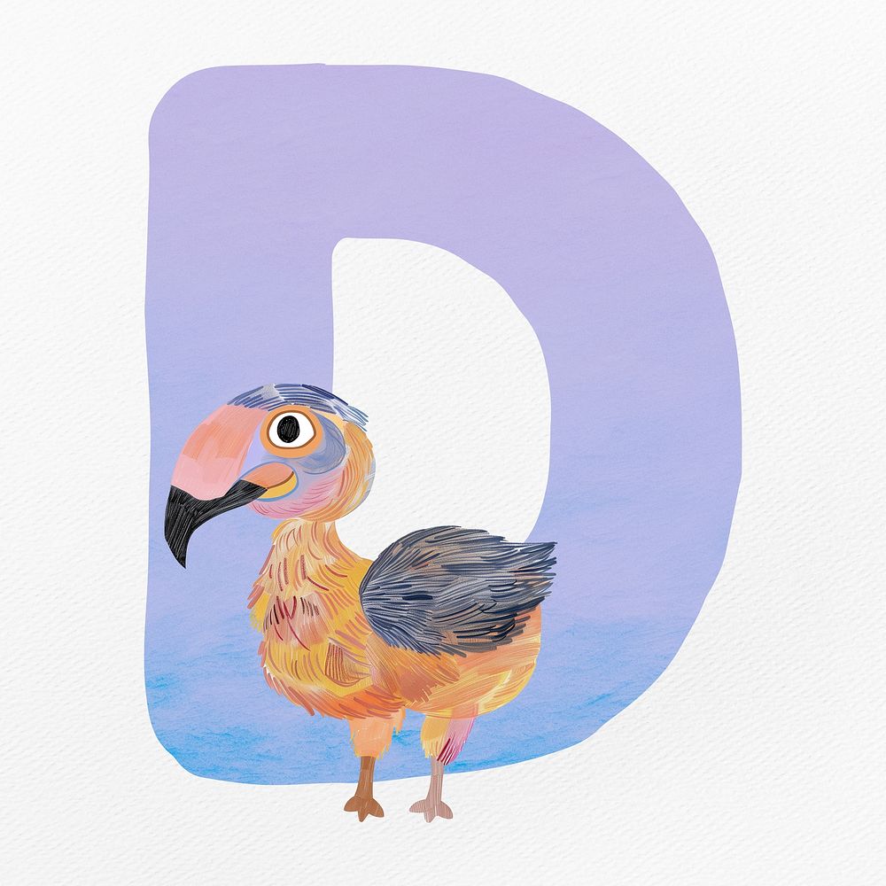 Purple letter D with animal character illustration