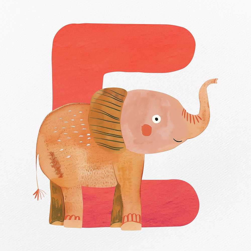Red letter E with animal character illustration