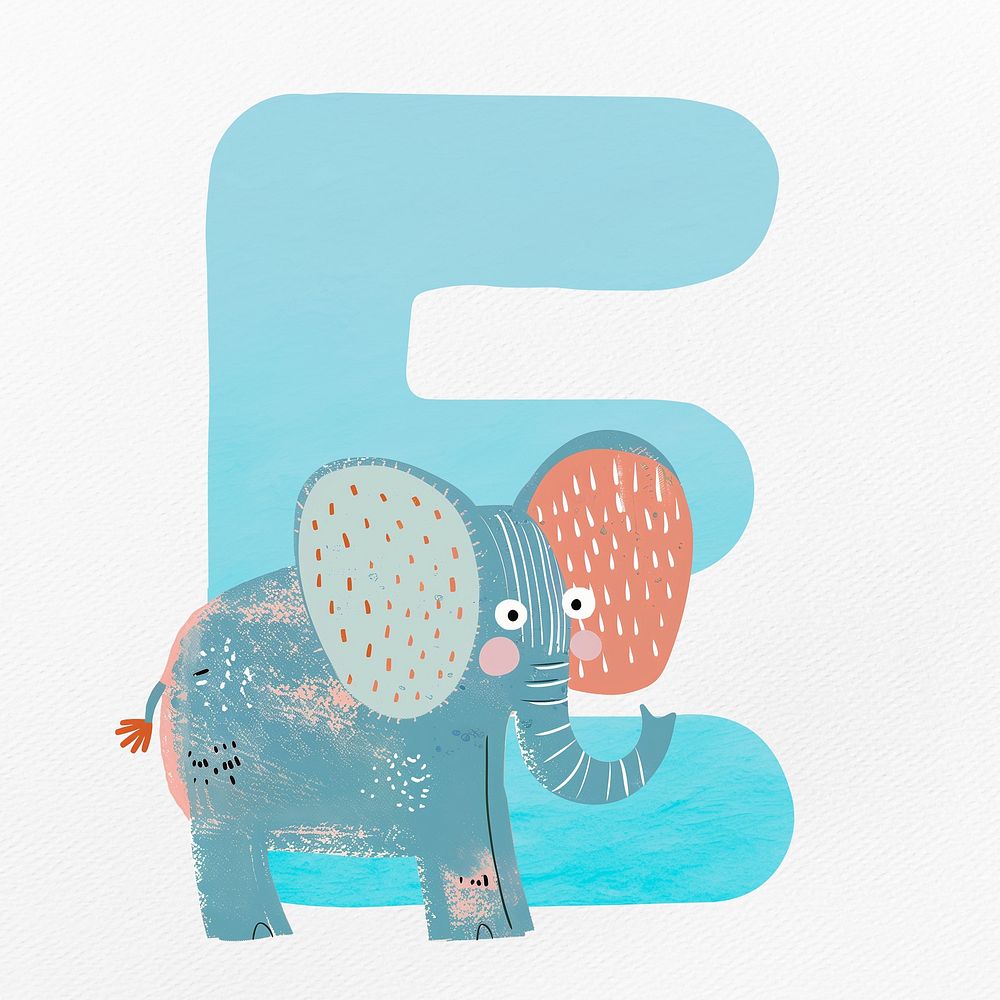 Blue letter E with animal character illustration