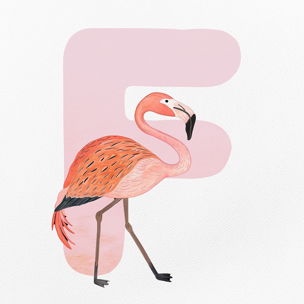 Pink letter F with animal character illustration