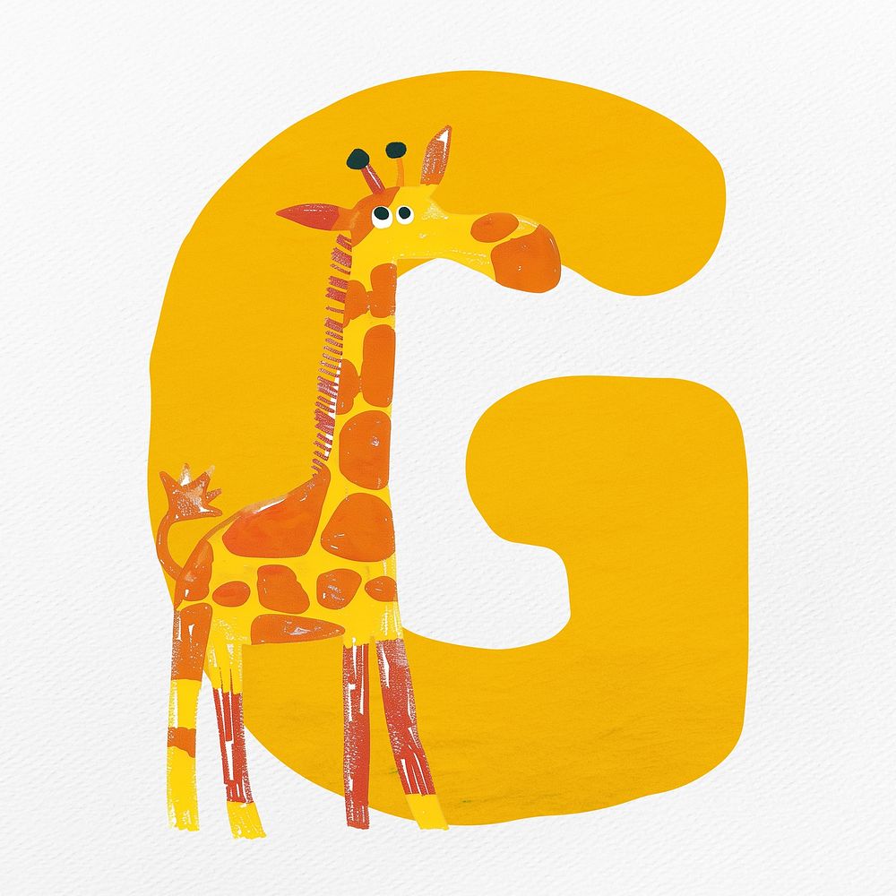 Yellow letter G with animal character illustration
