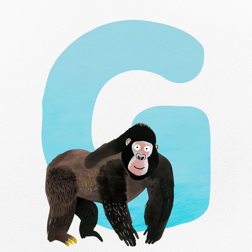 Blue letter G with animal character illustration