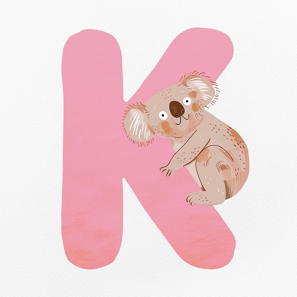 Pink letter K with animal character illustration