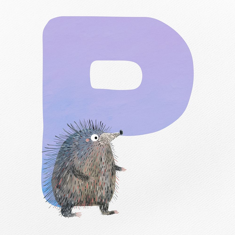 Purple letter P with animal character illustration