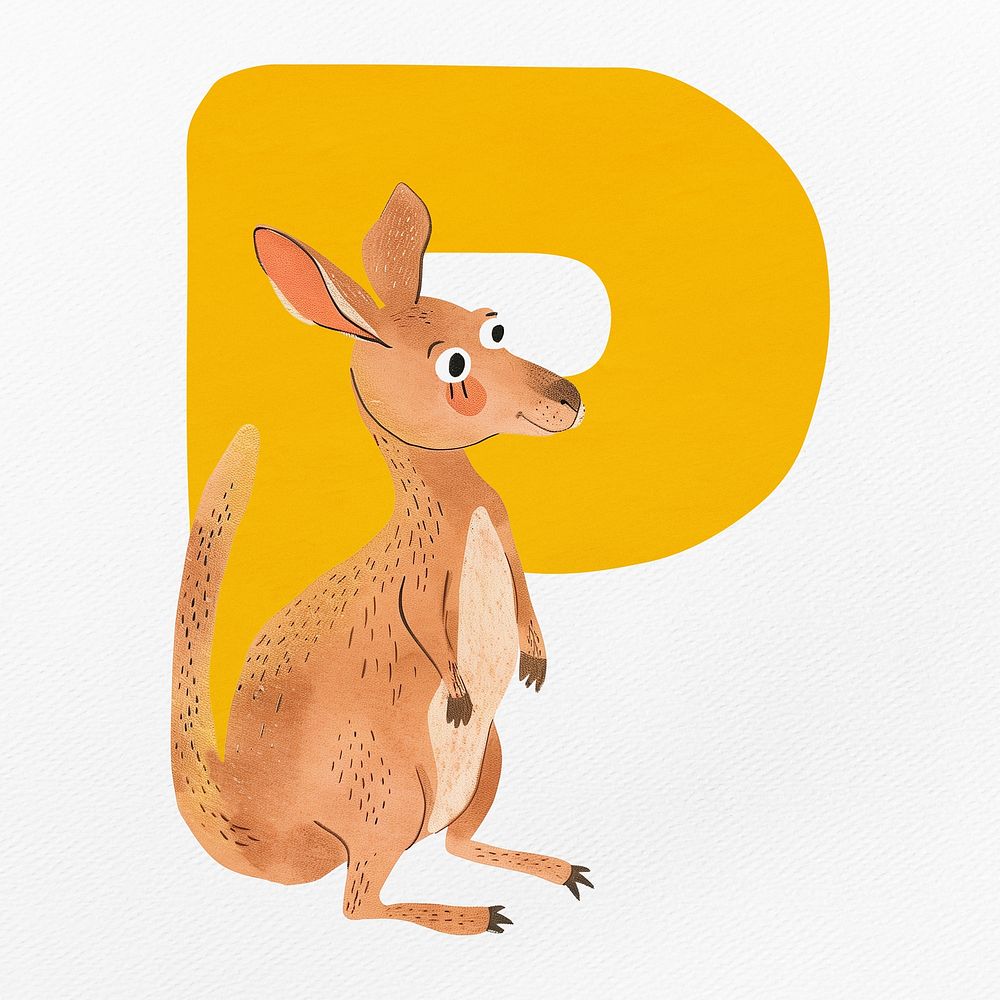 Yellow letter P with animal character illustration