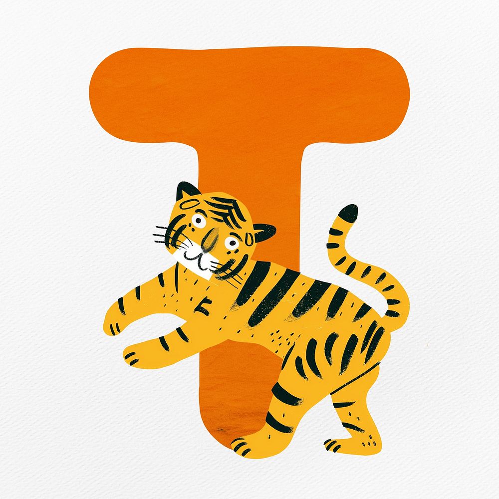 Orange letter T with animal character illustration
