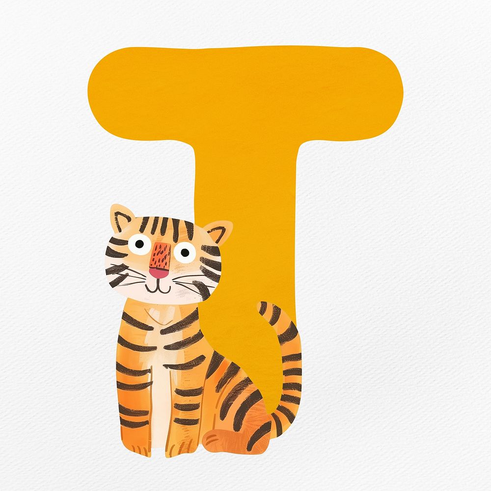 Yellow letter T with animal character illustration