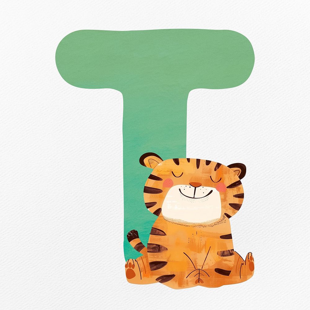 Green letter T with animal character illustration