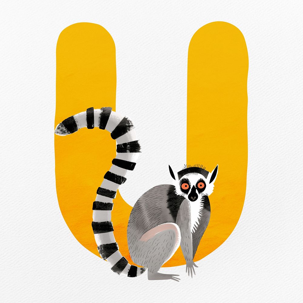 Yellow letter U with animal character illustration