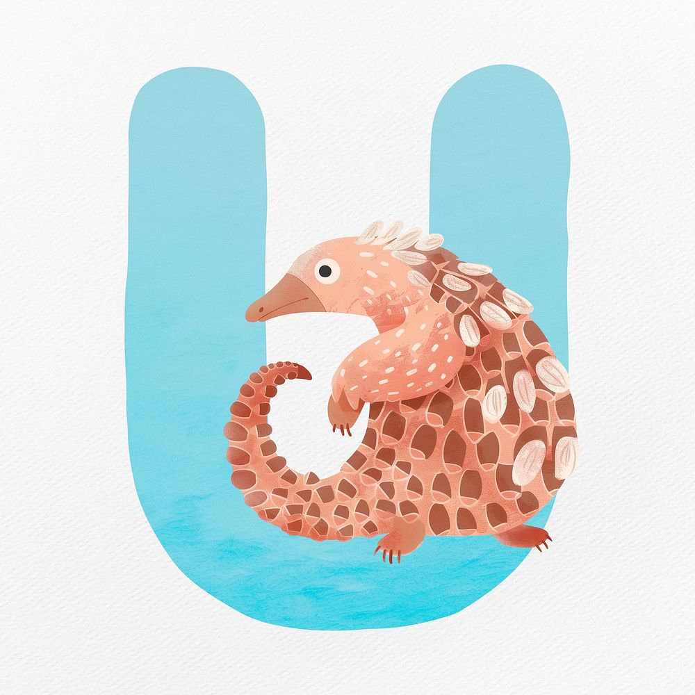 Blue letter U with animal character illustration