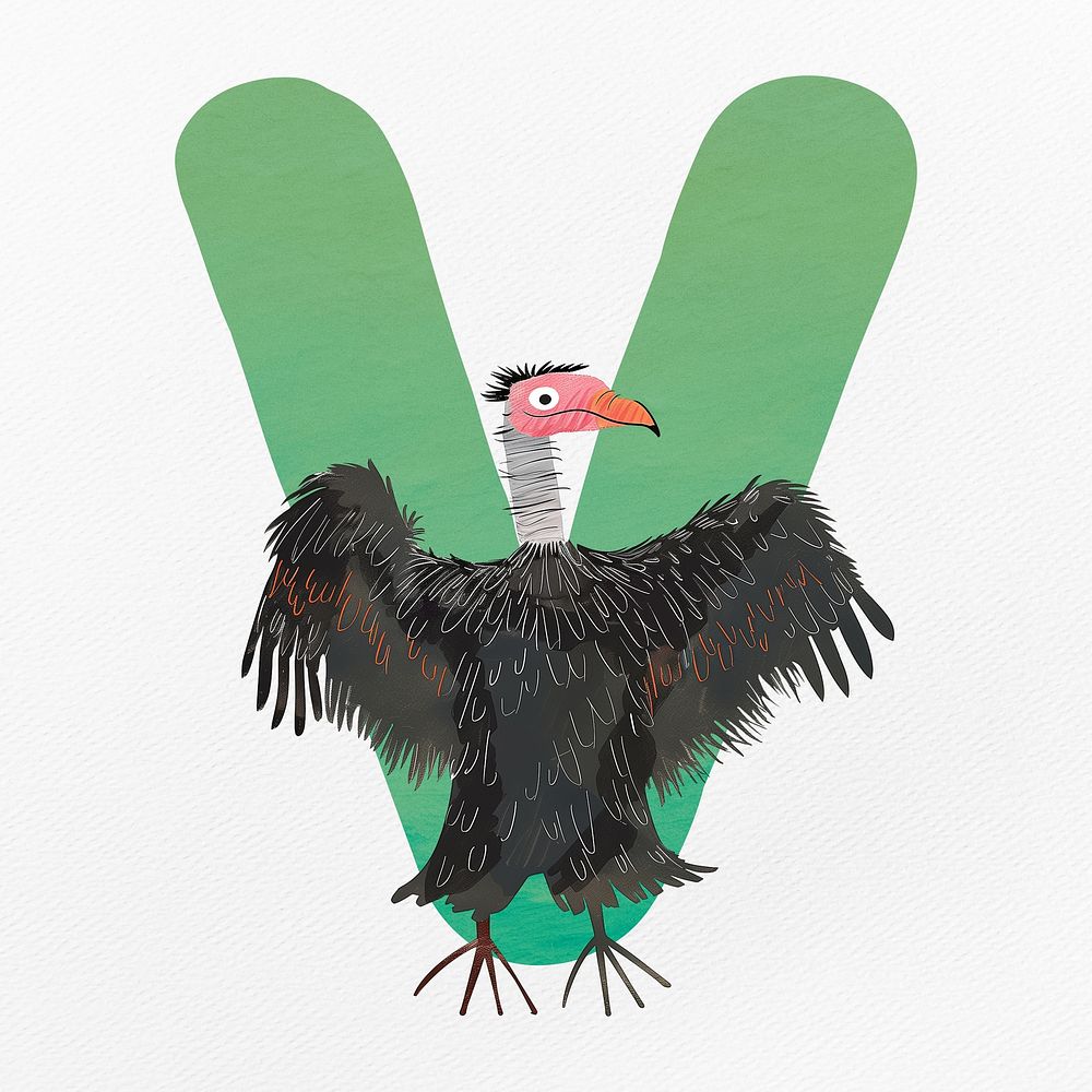 Green letter V with animal character illustration