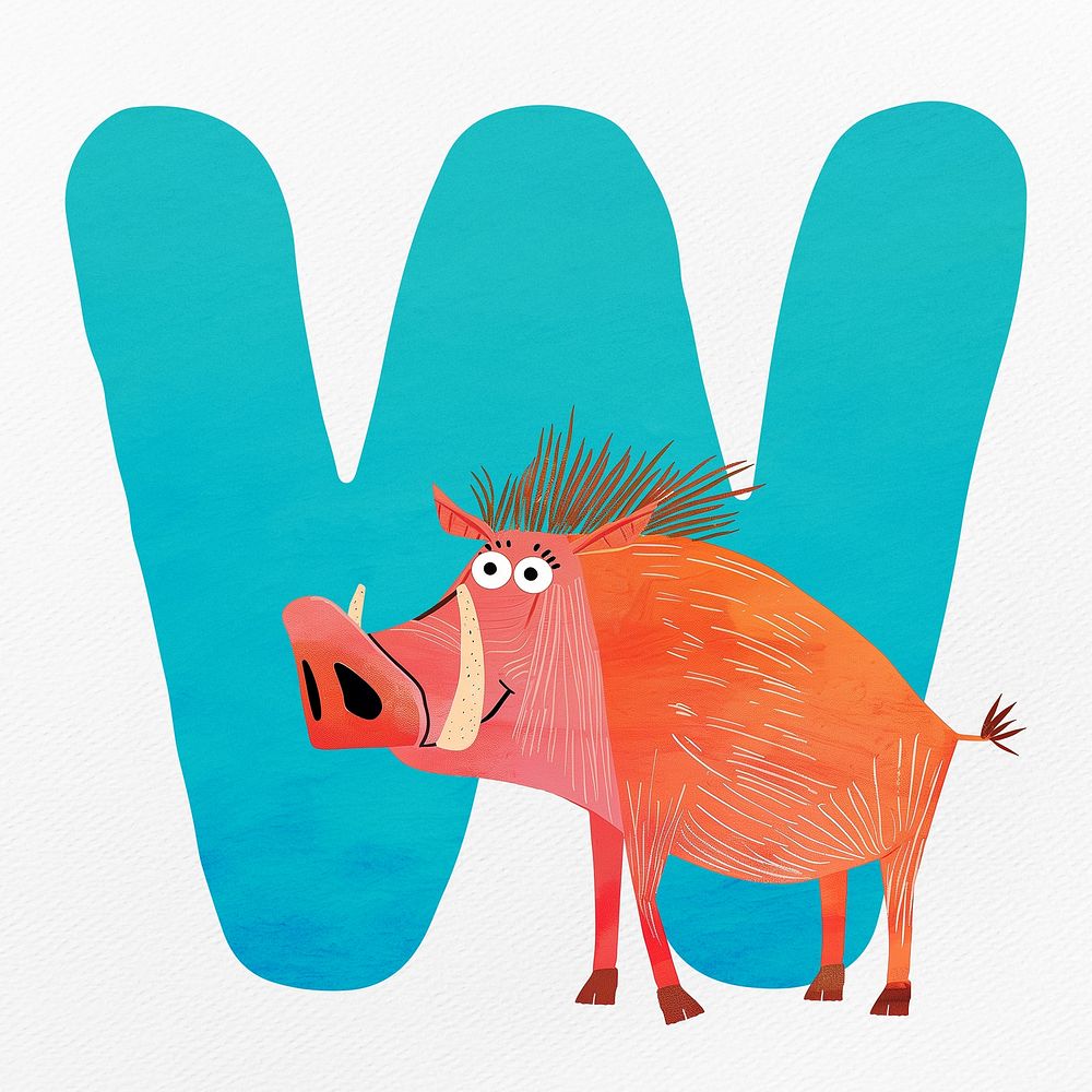 Blue letter W with animal character illustration