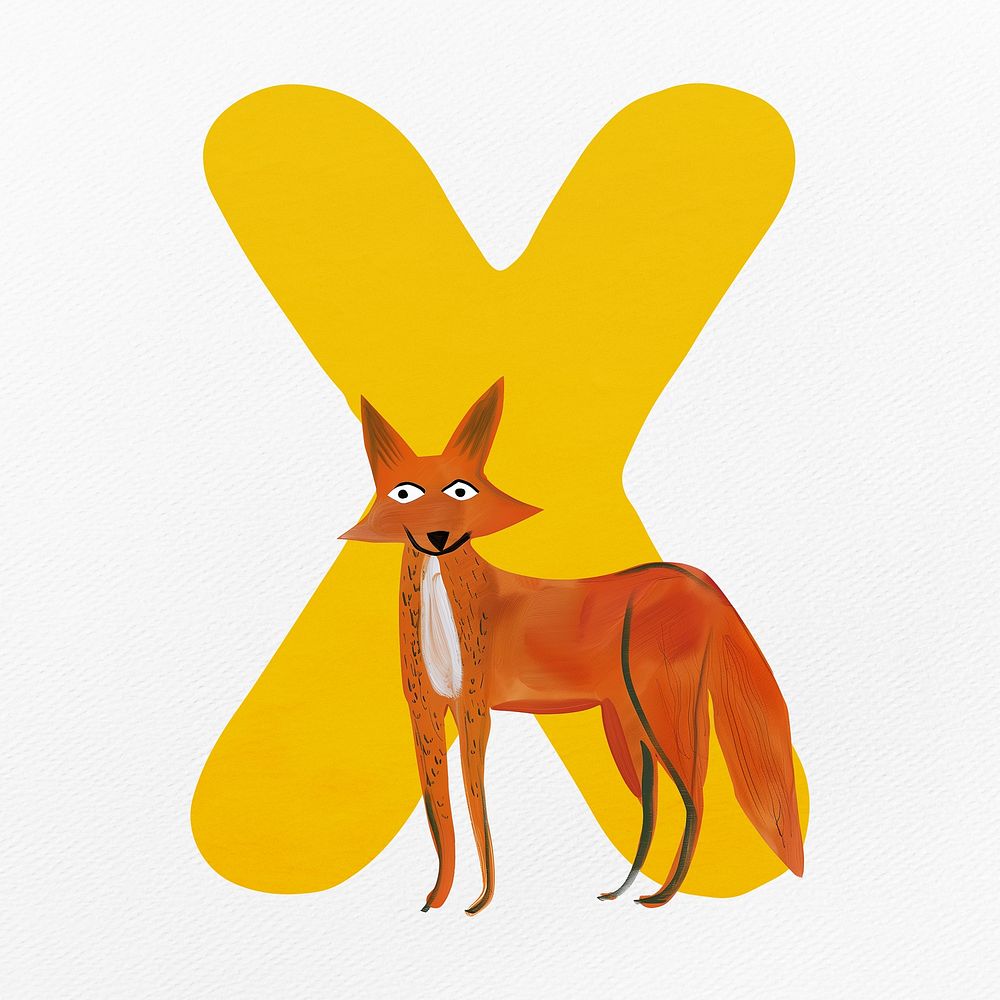Yellow letter X with animal character illustration