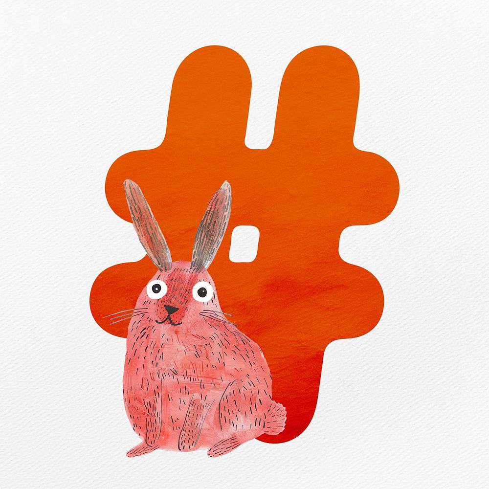 Orange hashtag sign with animal character illustration