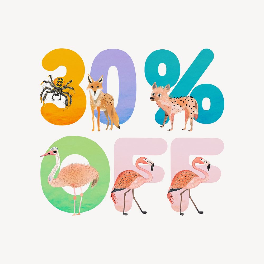 30% off word, animal character alphabet illustration