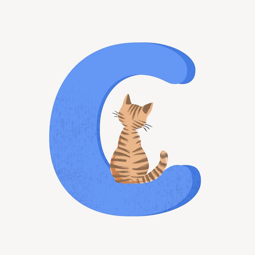 Cute letter C in blue with cat character illustration