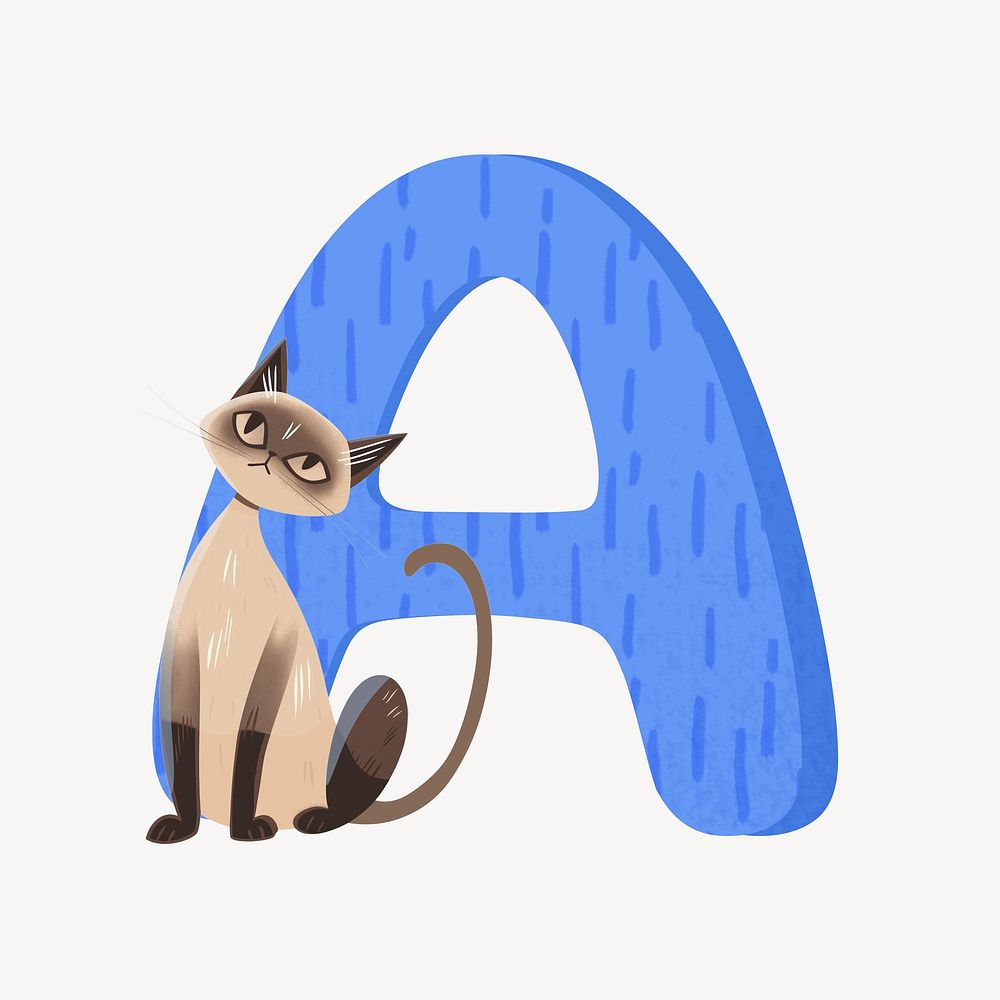 Cute letter A in blue with cat character illustration