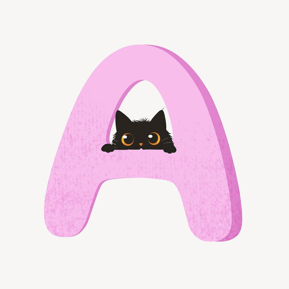Cute letter A in pink with cat character illustration