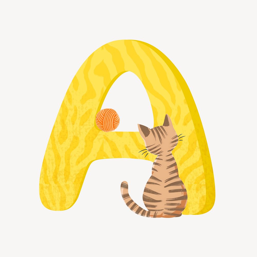 Cute letter A in yellow with cat character illustration