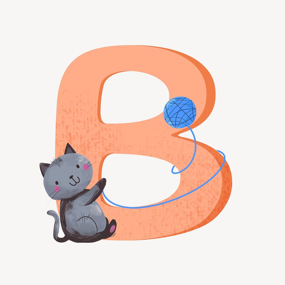 Cute letter B in orange with cat character illustration