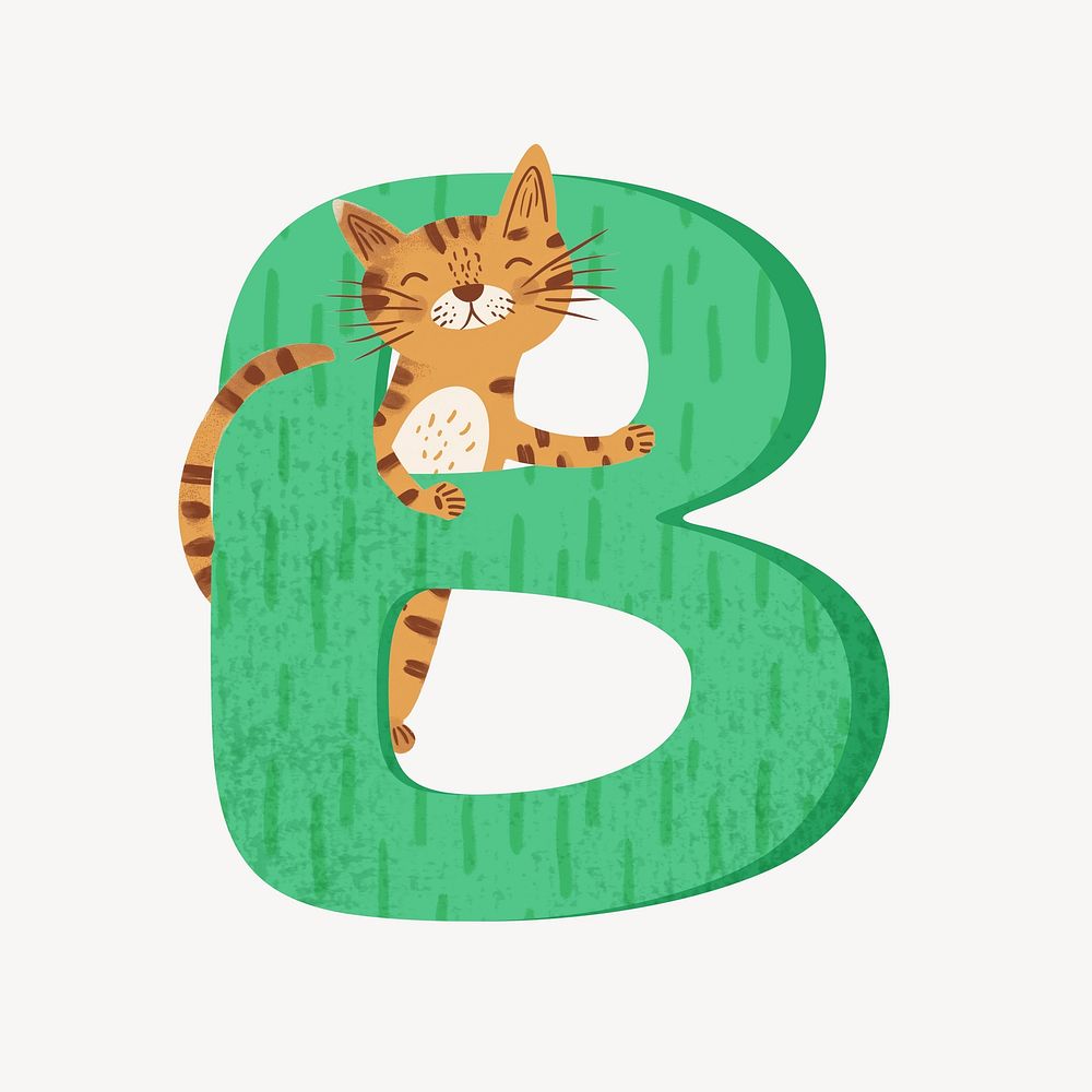 Cute letter B in green with cat character illustration