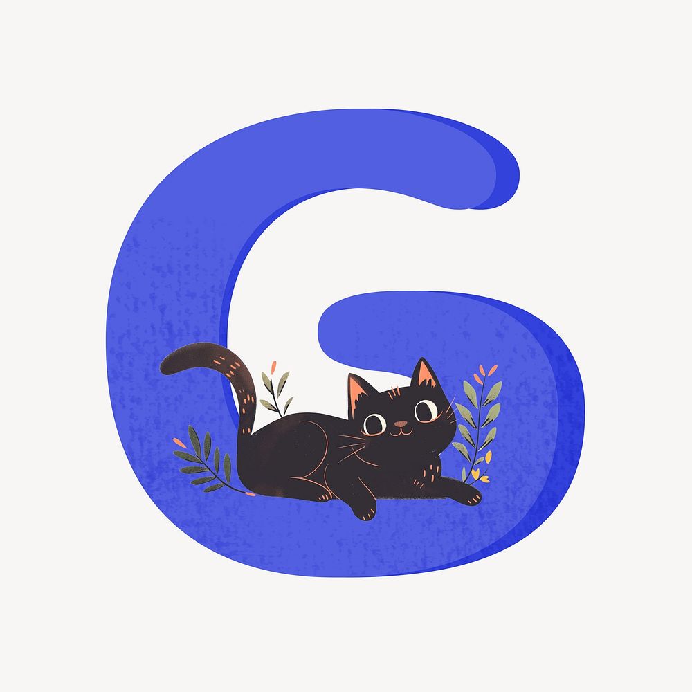 Cute letter G in blue with cat character illustration