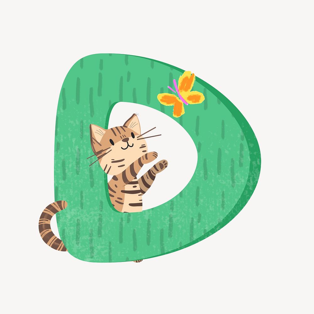 Cute letter D in green with cat character illustration