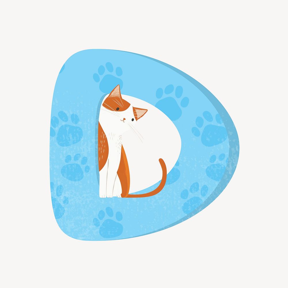 Cute letter D in blue with cat character illustration