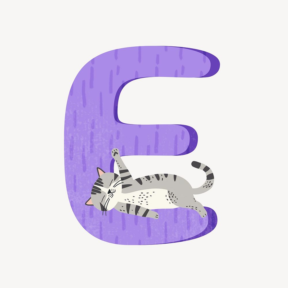 Cute letter E in purple with cat character illustration
