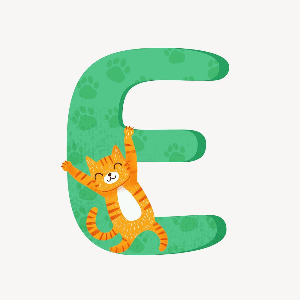 Cute letter E in green with cat character illustration