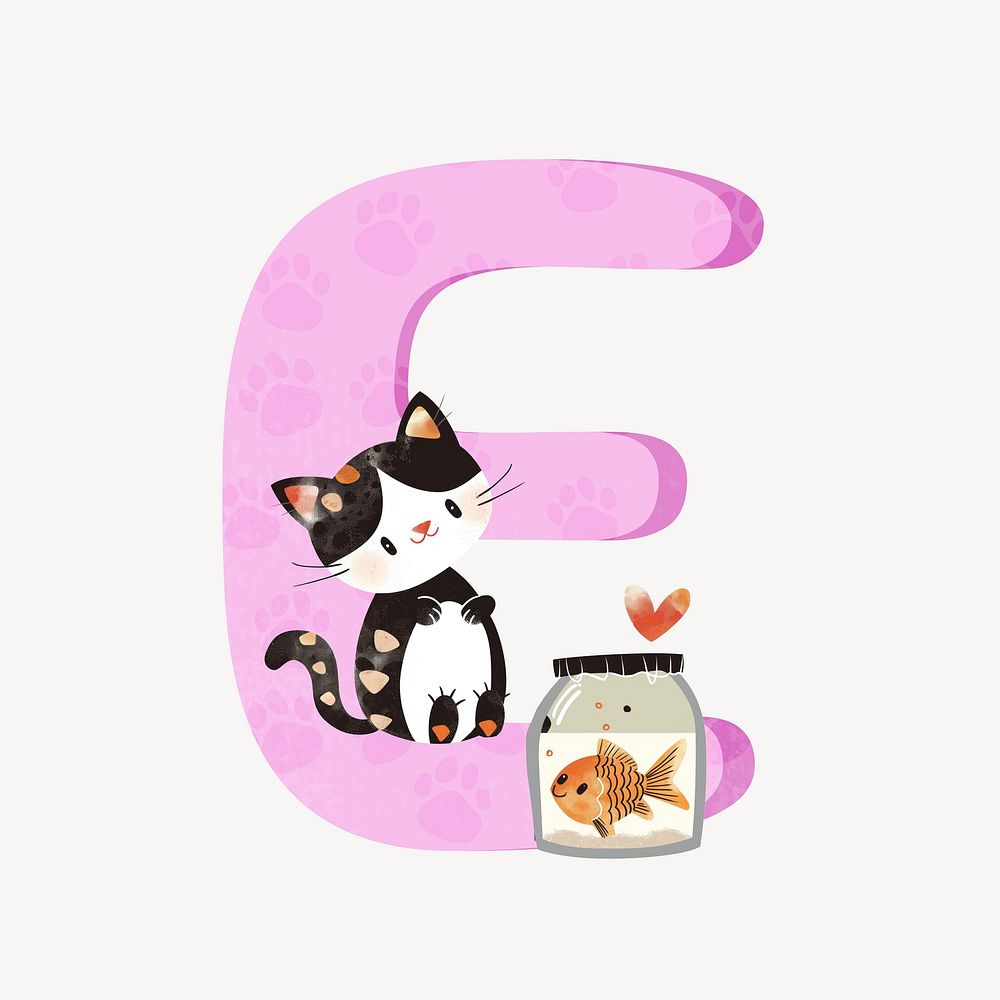 Cute letter E in pink with cat character illustration