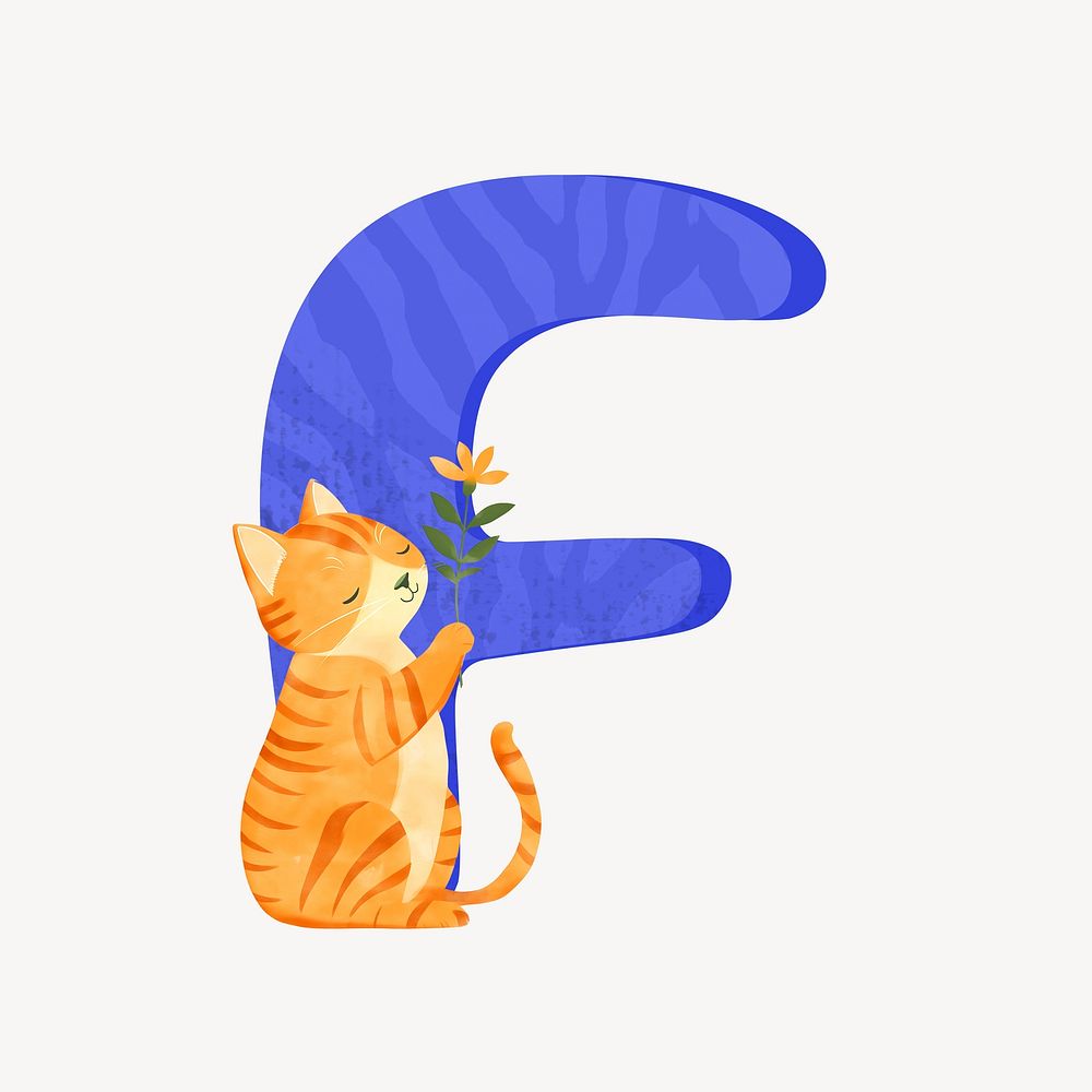 Cute letter F in blue with cat character illustration