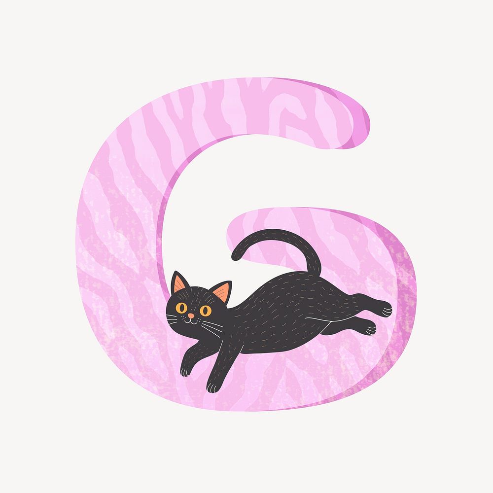 Cute letter G in pink with cat character illustration