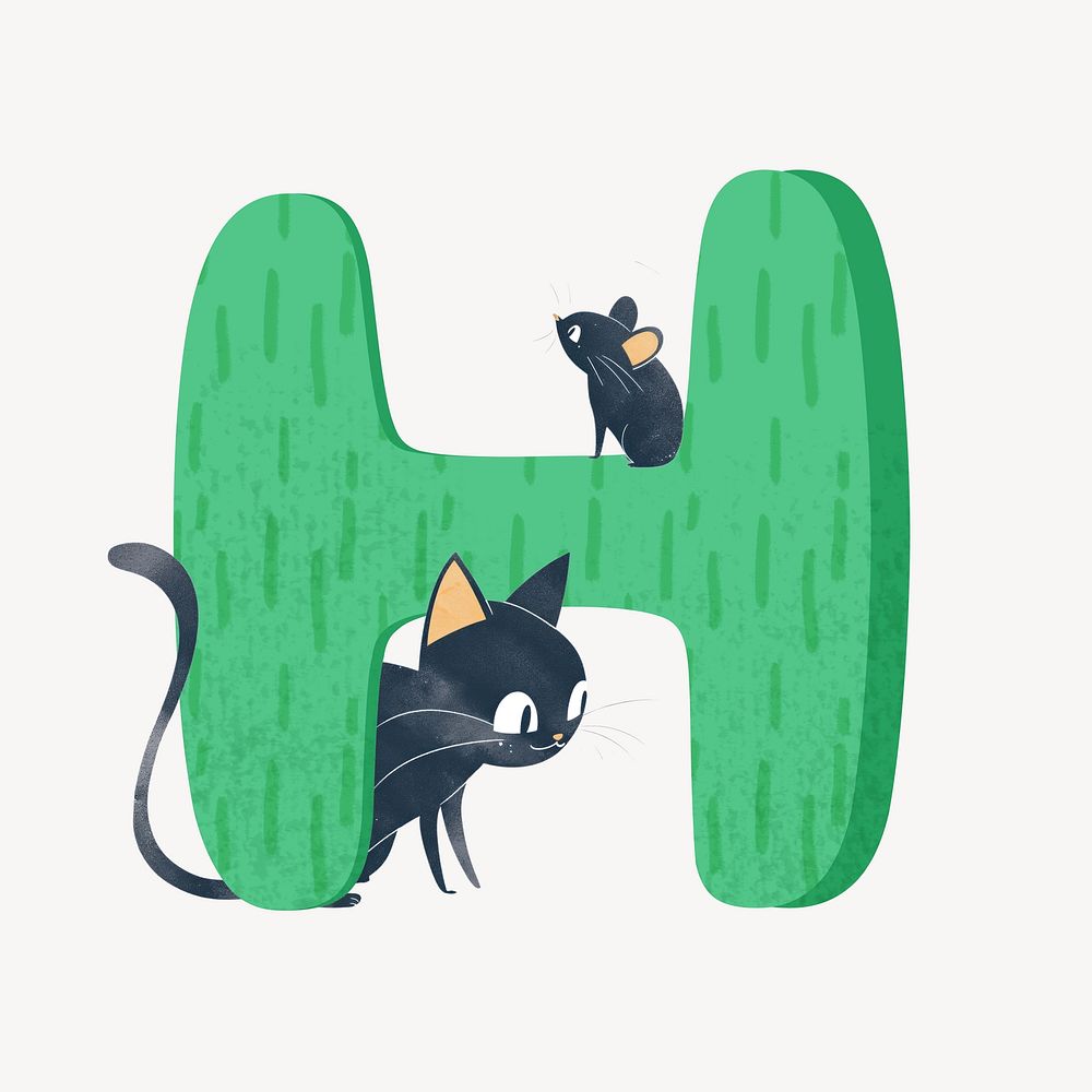 Cute letter H in green with cat character illustration