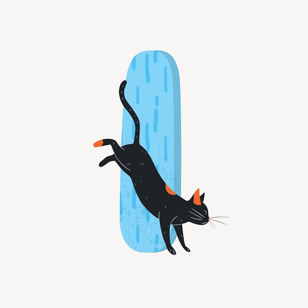 Cute letter I in blue with cat character illustration
