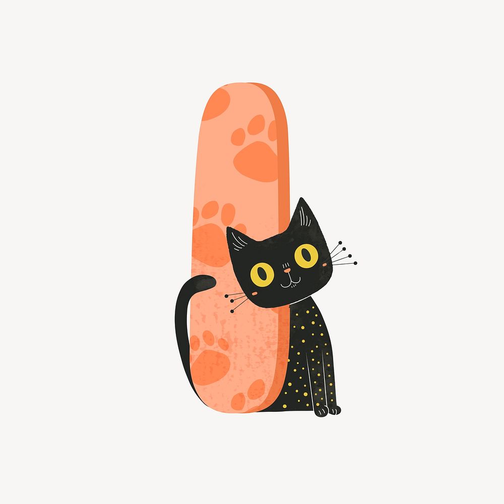 Cute letter I in orange with cat character illustration