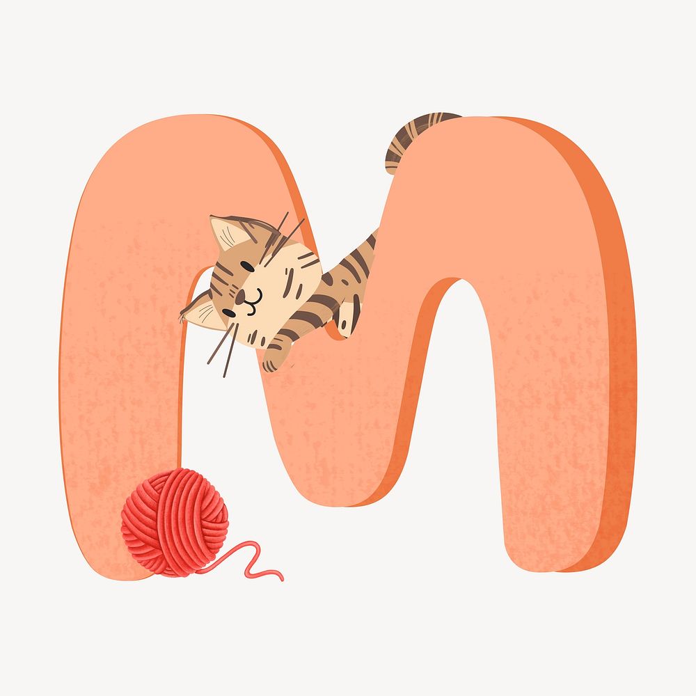 Cute letter M in orange with cat character illustration