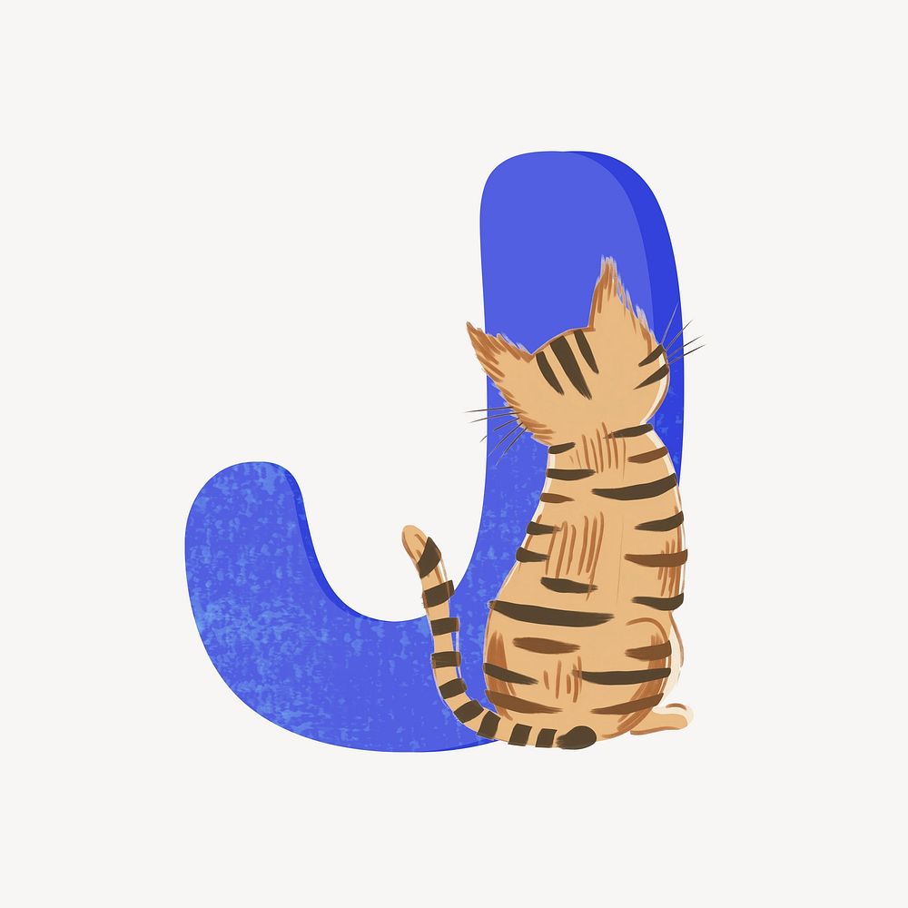 Cute letter J in blue with cat character illustration